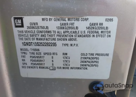 2005 Chevrolet Trailblazer Lt из США, поврежденный, VIN 1GNDT13S252282205